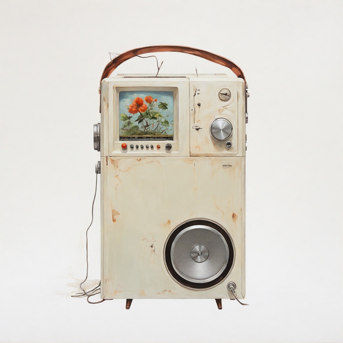 Oil painting of retro radio in dystopia overgrown room, in the st